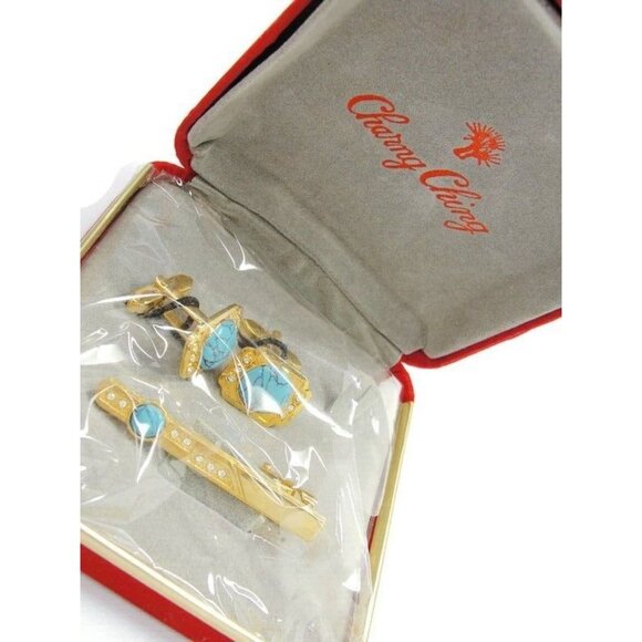 Charng Ching Cufflinks Neck Tie Clip Set Gold Tone Simulated Turquoise Wedding - Picture 1 of 10